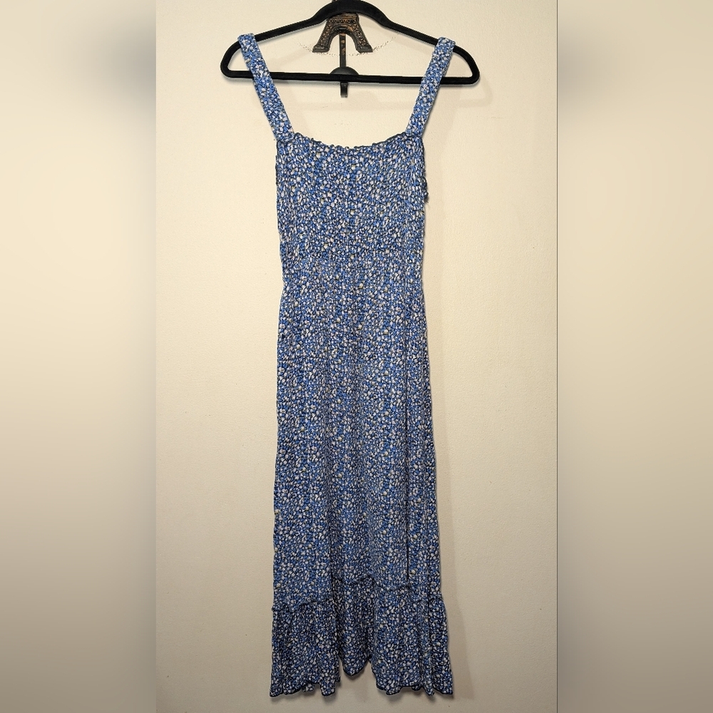 Urban Outfitters Floral Smocked Midi Dress Blue White Boho Cottage Womens Size S